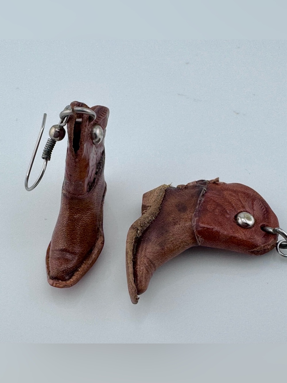 Brown Leather Cowboy Boot Earrings Western Cowgirl Tooled Dangle Jewelry - Picture 6 of 16